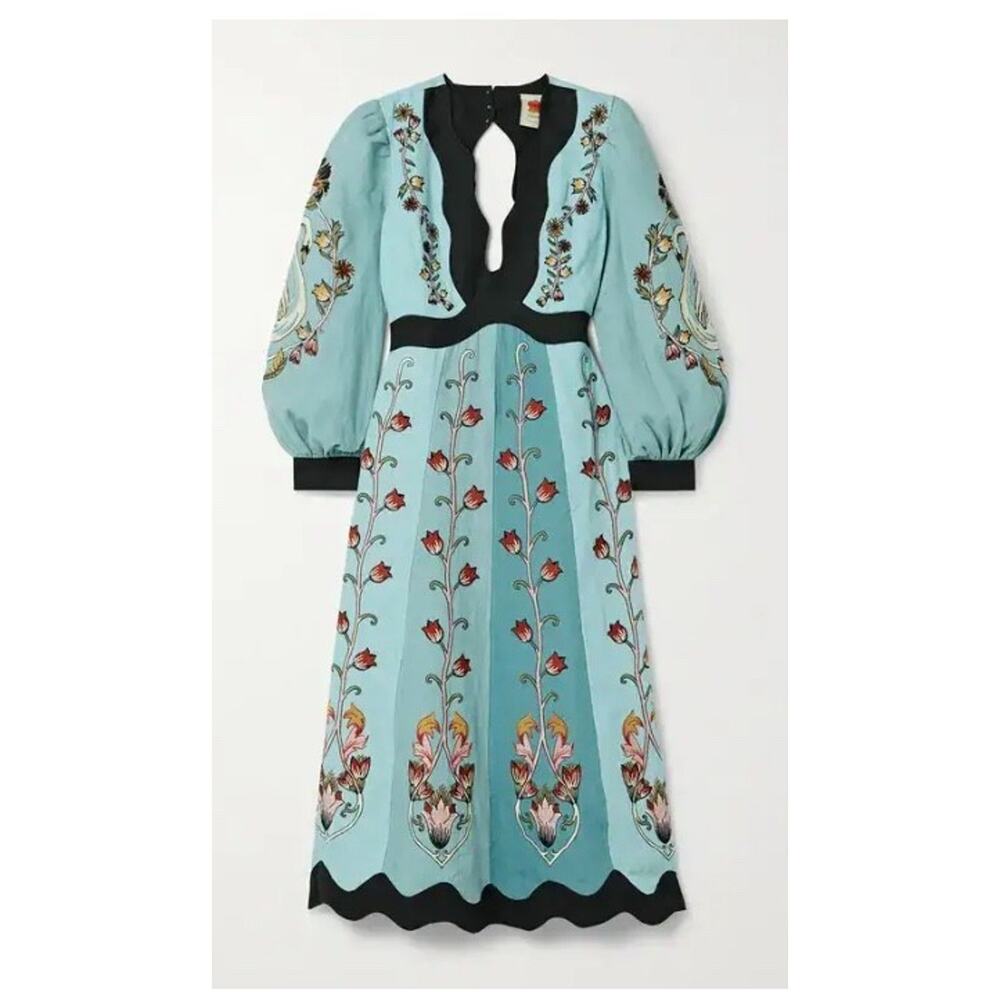 New! Farm Rio Flowing Beauty Blue Embroidered Long Sleeve  A-Linen Dress SzS - Picture 4 of 11